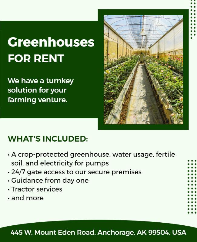 Modern Green Agricultural Greenhouse Rental Services Poster Template