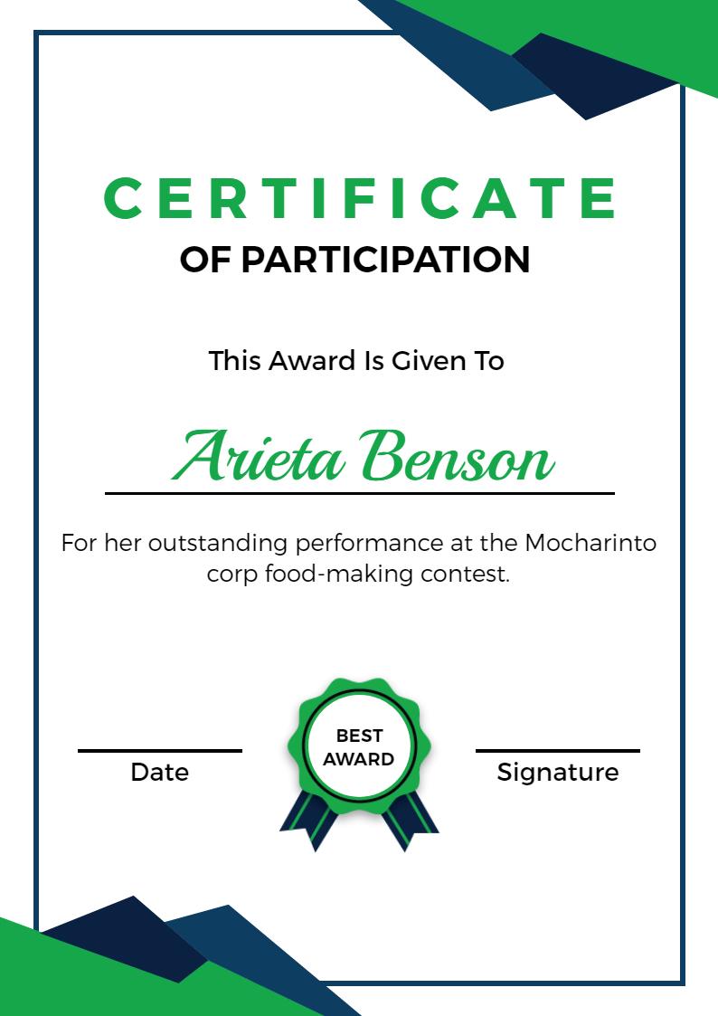 Modern Green and Blue Food Contest Participation Certificate Template