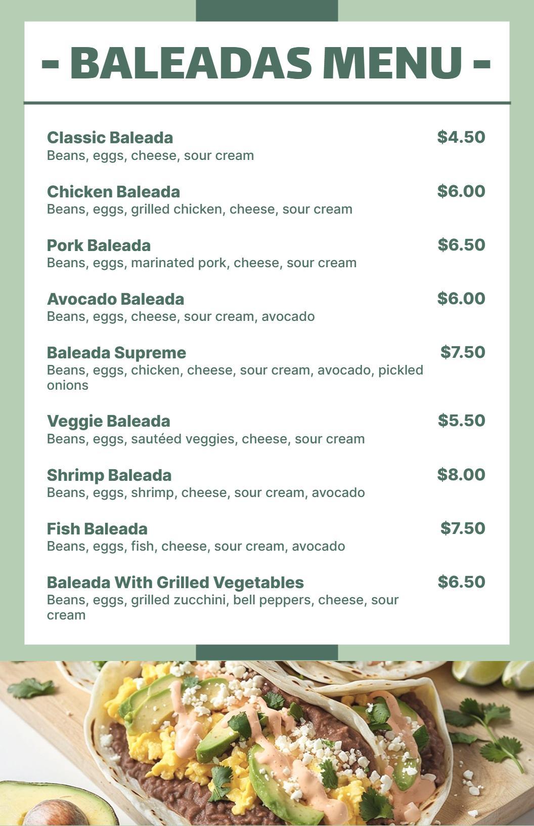 Modern Green and Cream Baleadas Menu Template