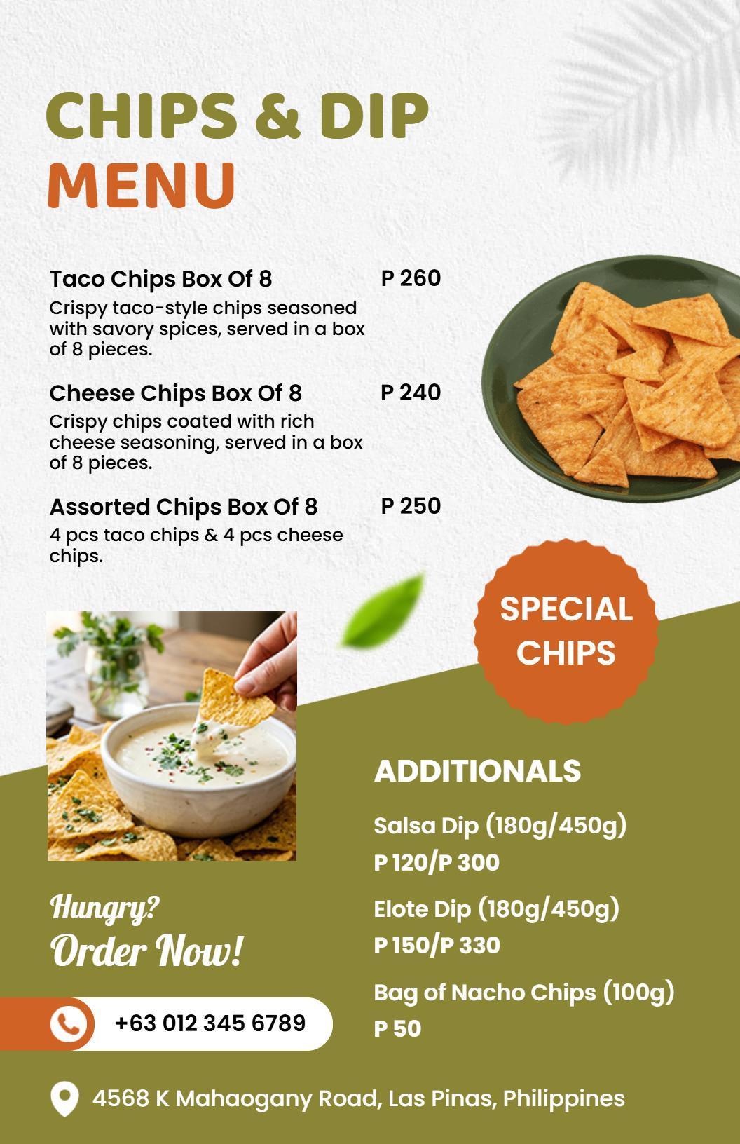 Modern Green and Orange Chips and Dip Menu Template