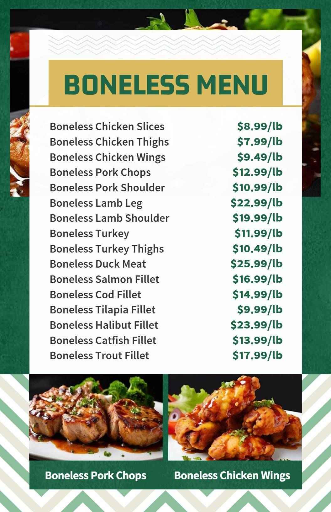 Modern Green Boneless Cuts Menu Template