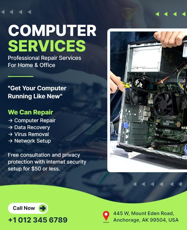 Modern Green Computer Repair Services for Home and Office Poster Template
