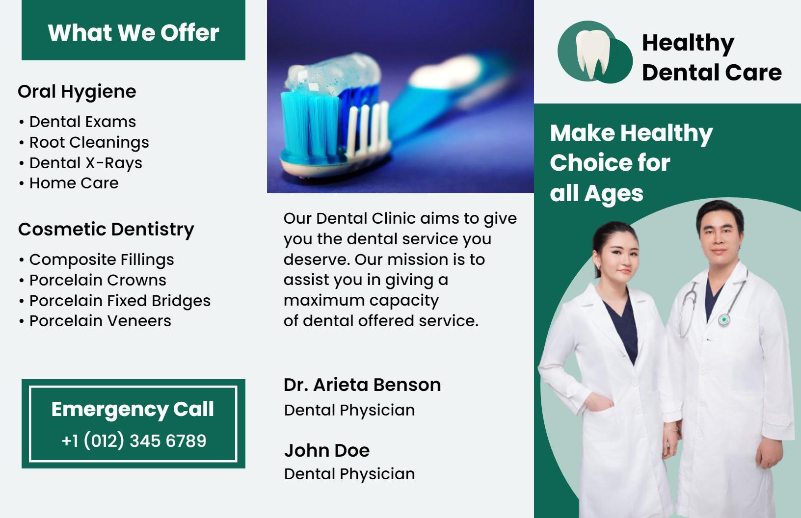 Modern Green Dental Care Services and Hygiene Brochure Template