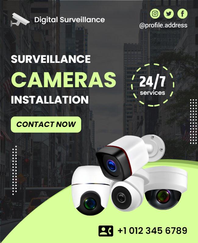 Modern Green Digital Surveillance Cameras Installation Poster Template