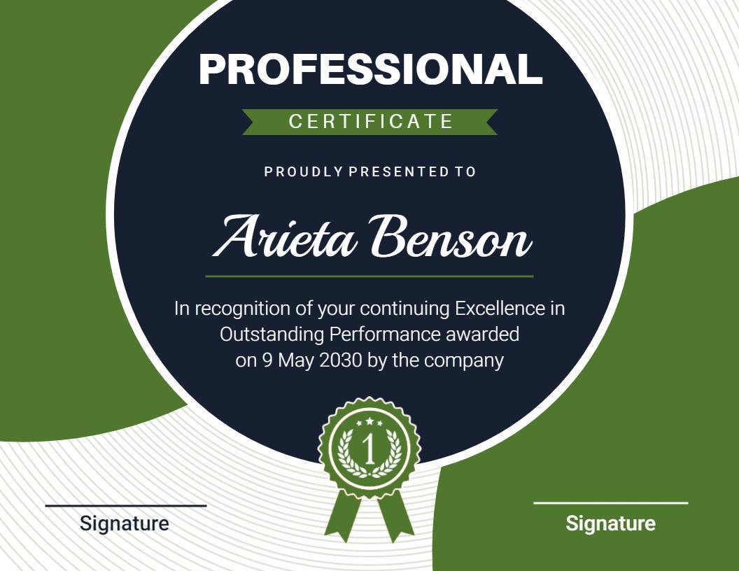 Modern Green Excellence in Performance Professional Certificate Template