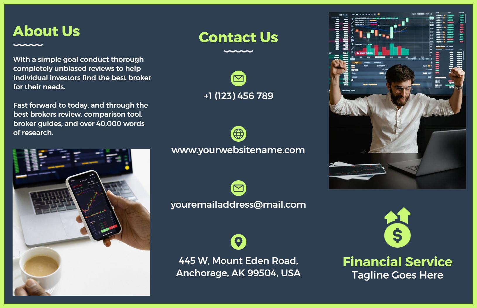 Modern Green Financial Services Overview and Contact Tri Fold Brochure Template