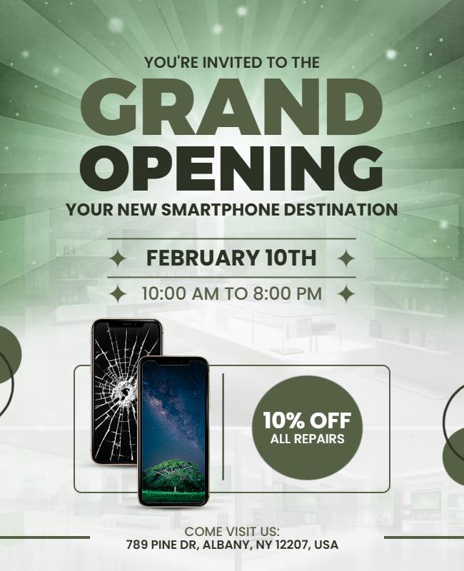 Modern Green Grand Opening Smartphone Repair Store Poster Template
