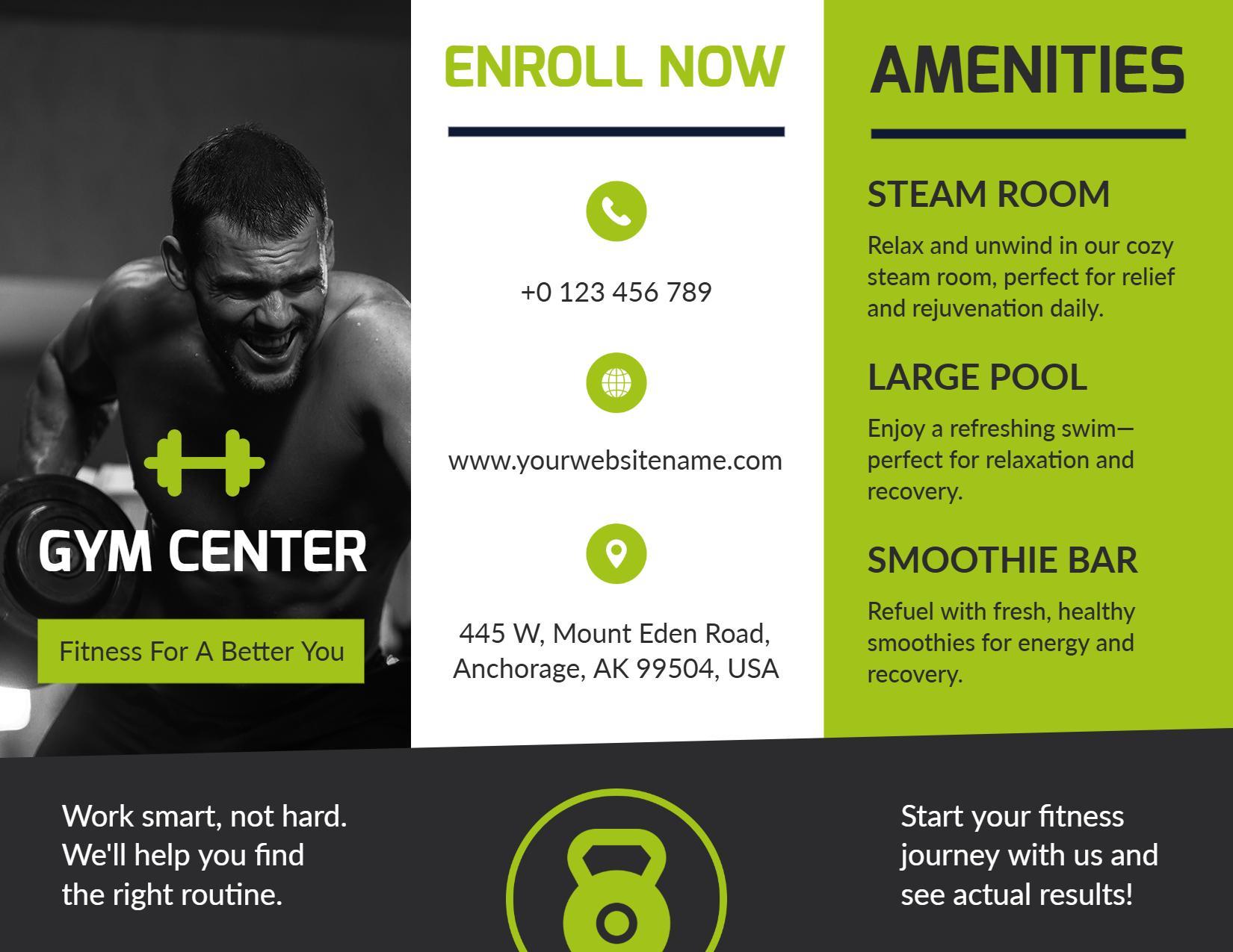 Modern Green Gym Center Fitness Amenities Brochure Template