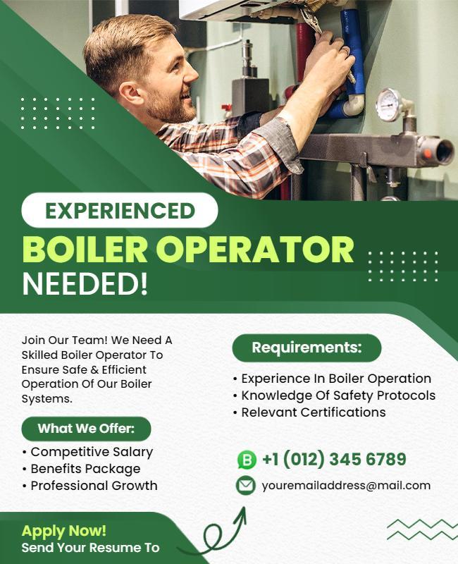 Modern Green Job Recruitment for Boiler Operator Poster Template