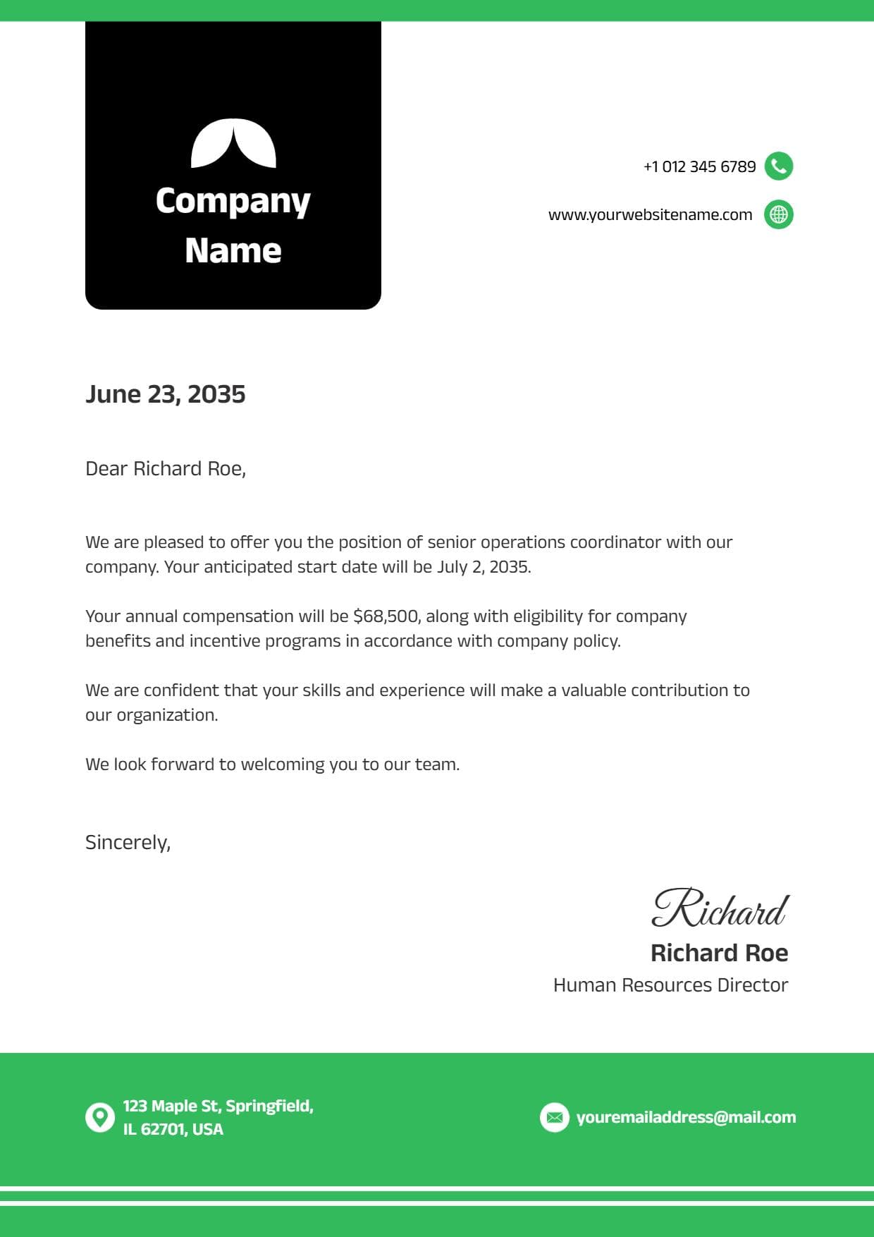 Modern Green Professional Employment Offer Letterhead Template