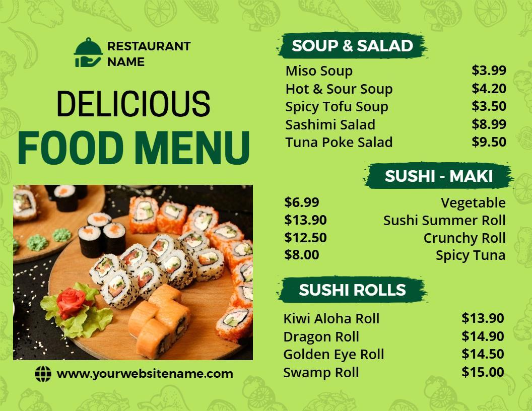 Modern Green Sushi and Soup Highlight Restaurant Bi-Fold Menu Template