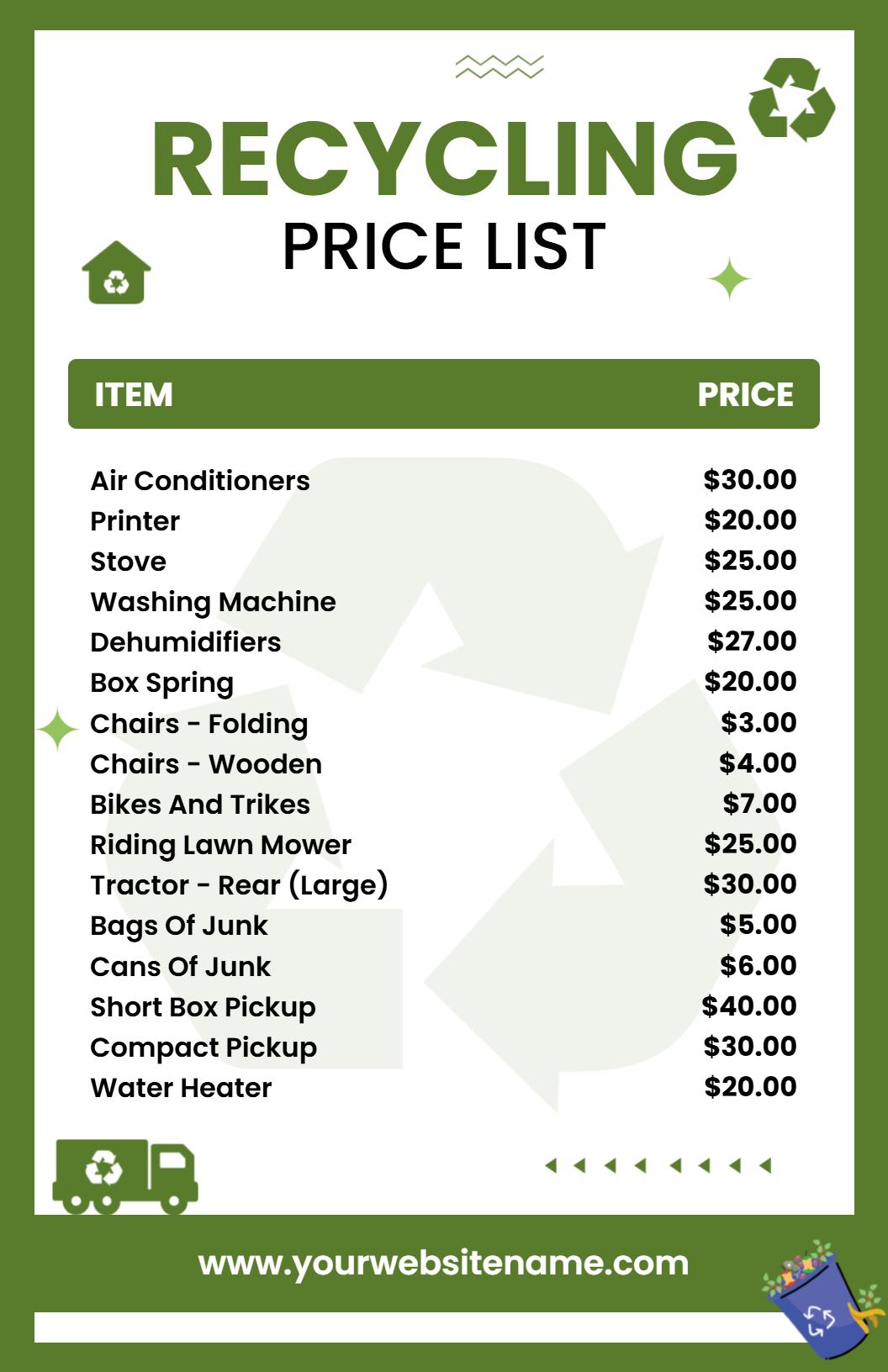 Modern Green Theme Recycling Services Price List Template