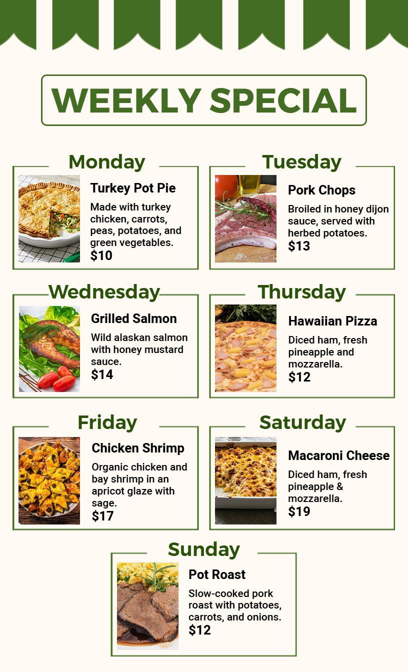 Modern Green Weekly Specials Restaurant Menu Template