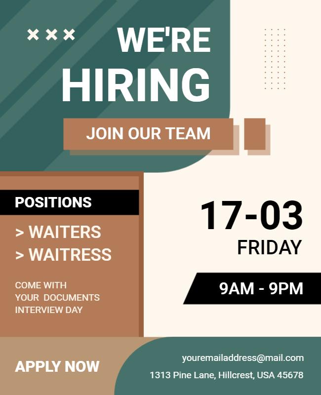 Modern Hiring Announcement with Mint Green and Brown Poster Template