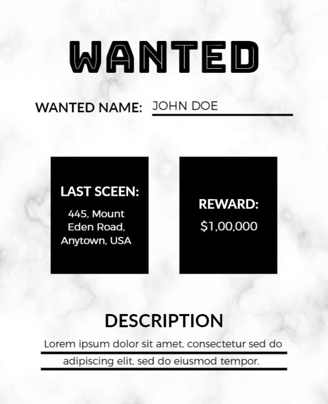 Modern Marble Wanted Reward Announcement Flyer Template