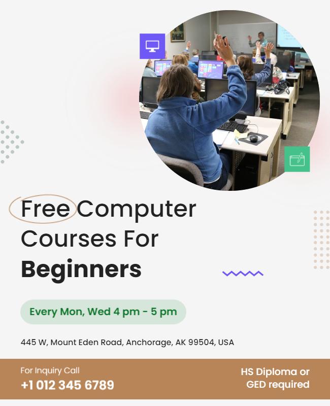 Modern Minimalist Free Computer Courses for Beginners Poster Template