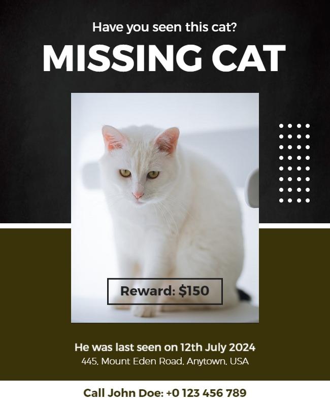 Modern Minimalist Missing Cat Reward Poster Template