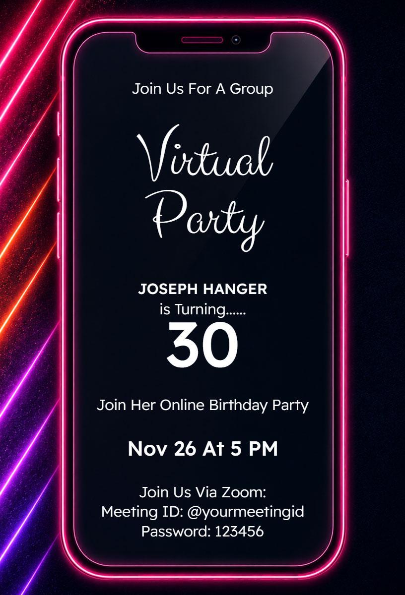 Modern Neon Birthday Celebration Virtual Party Invitation Template