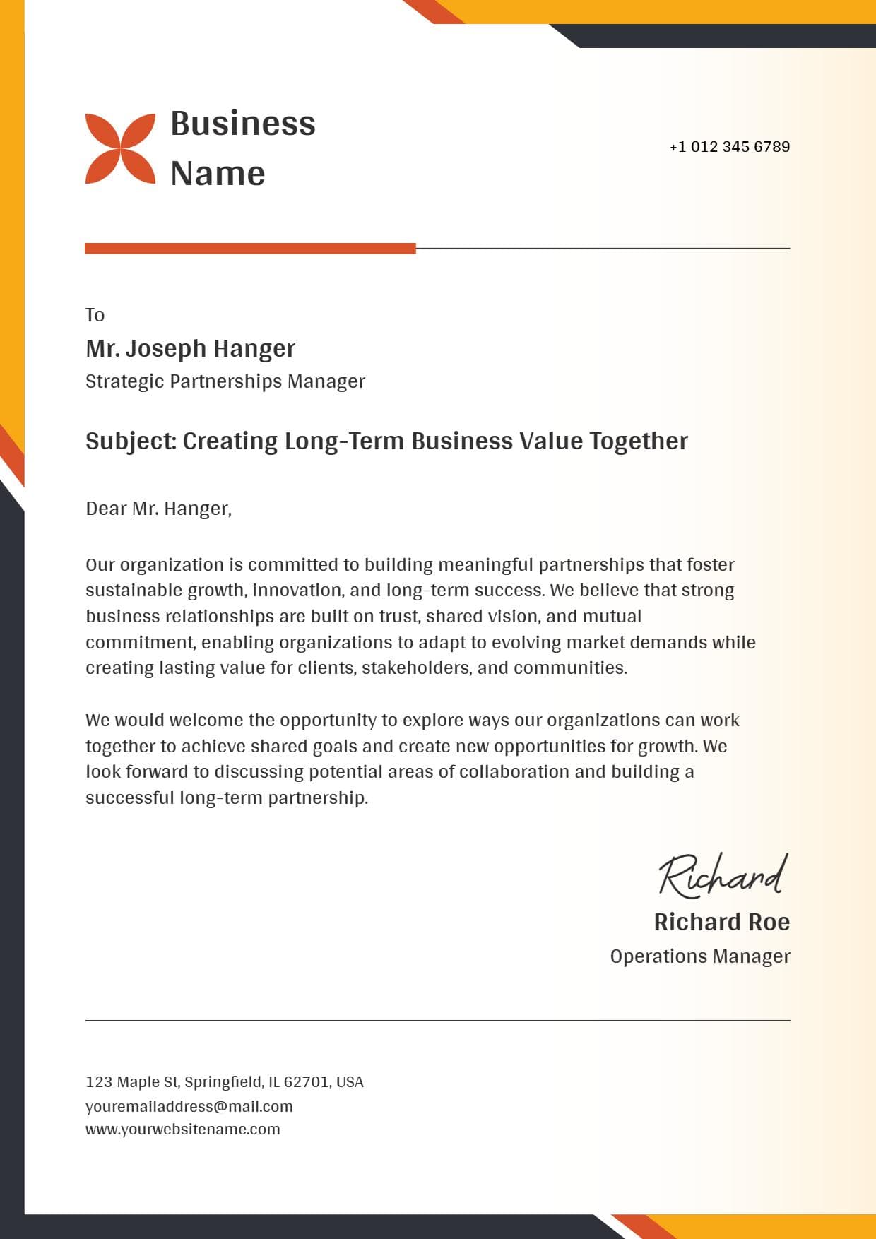 Modern Orange and Black Business Partnership Letterhead Template
