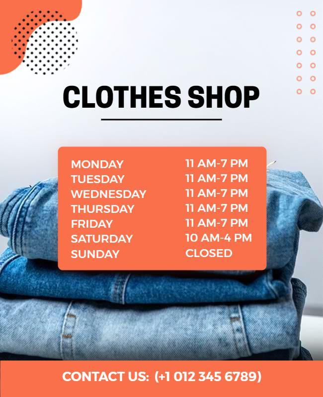Modern Orange and Blue Clothes Shop Opening Hours Poster Template