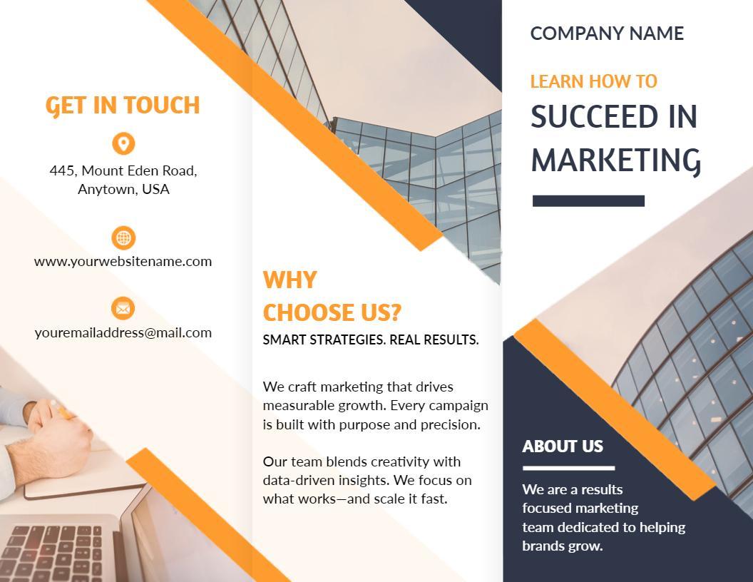 Modern Orange and Gray Marketing Strategies Tri Fold Brochure Template