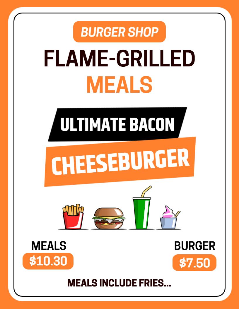 Modern Orange Burger Menu with Special Deals Template