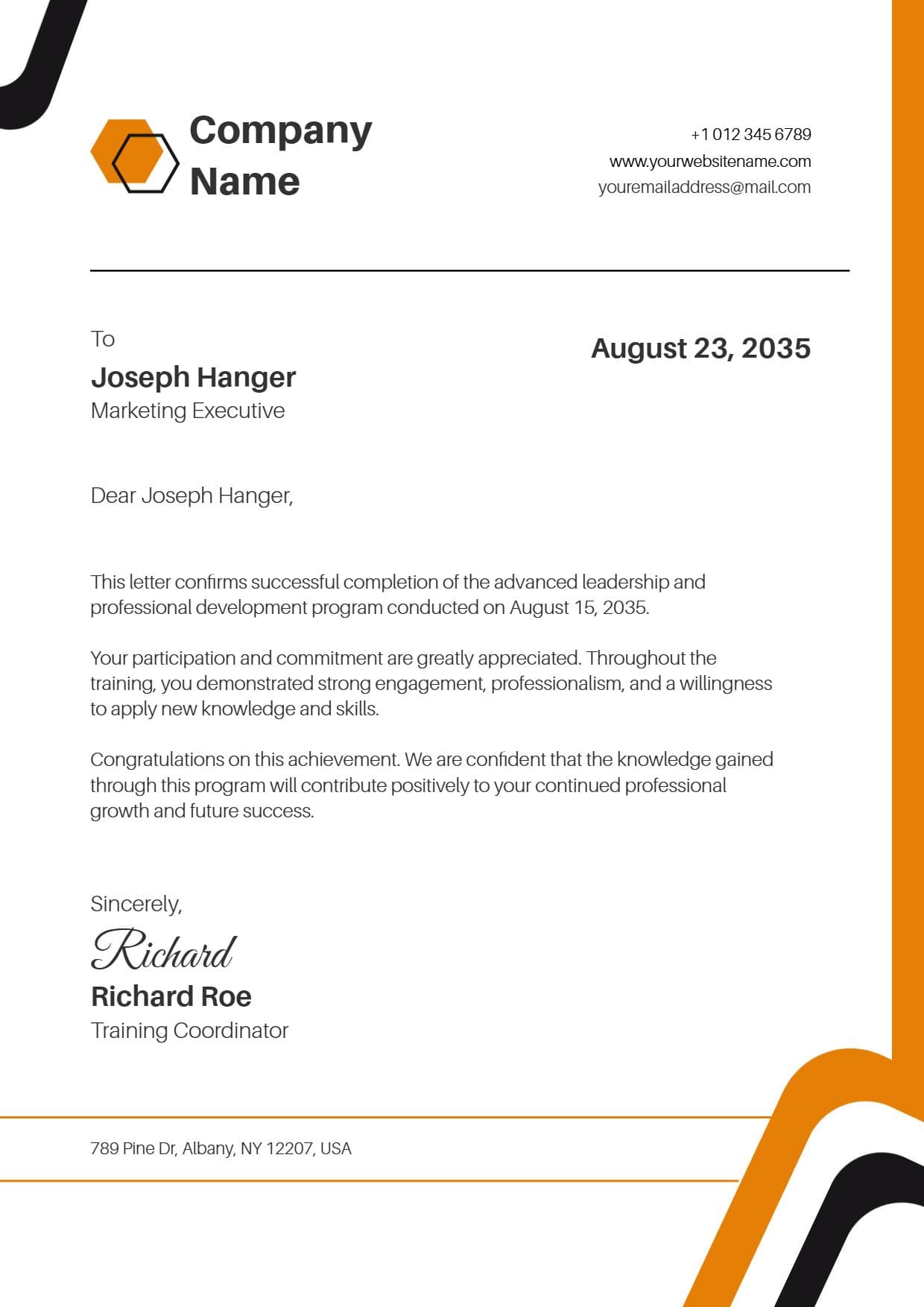 Modern Orange Hexagon Professional Employment Letterhead Template