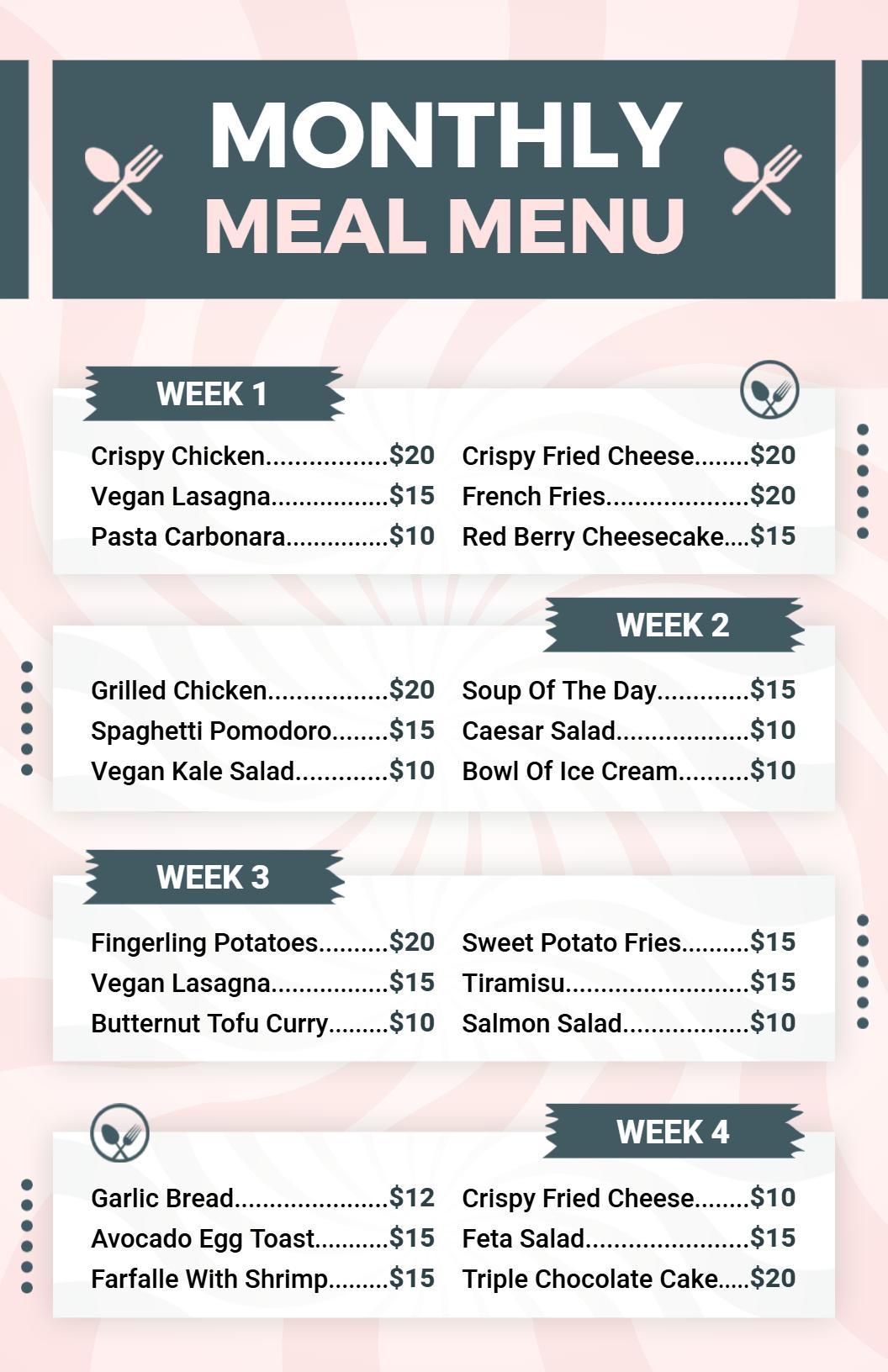 Modern Pastel Green and Pink Monthly Meal Menu Template