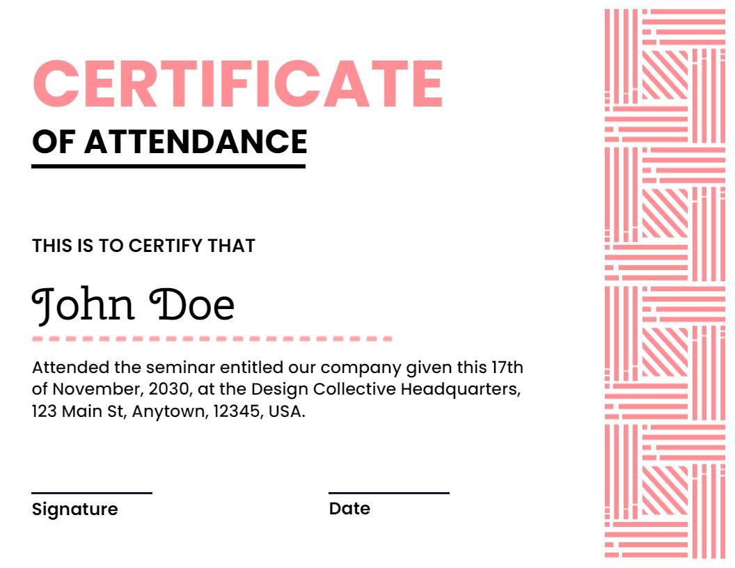Modern Pastel Pink Design Attendance Seminar Certificate Template