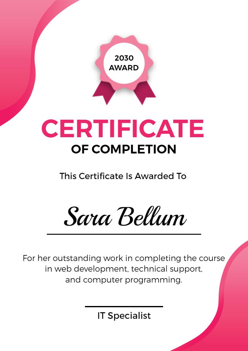 Modern Pink and White IT Completion Achievement Certificate Template