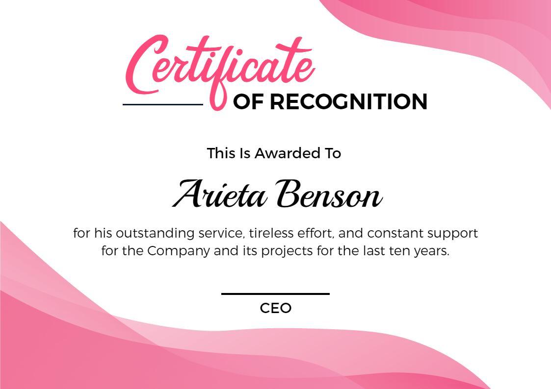 Modern Pink Wave Design for Recognition Achievement Certificate Template