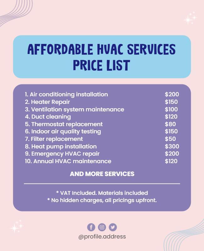 Modern Purple Affordable HVAC Services Price List Poster Template