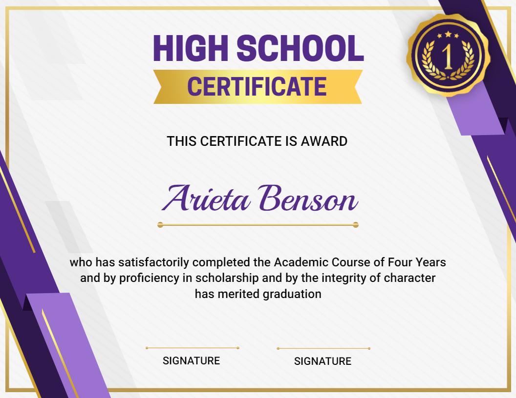 Modern Purple and Gold High School Graduation Certificate Template