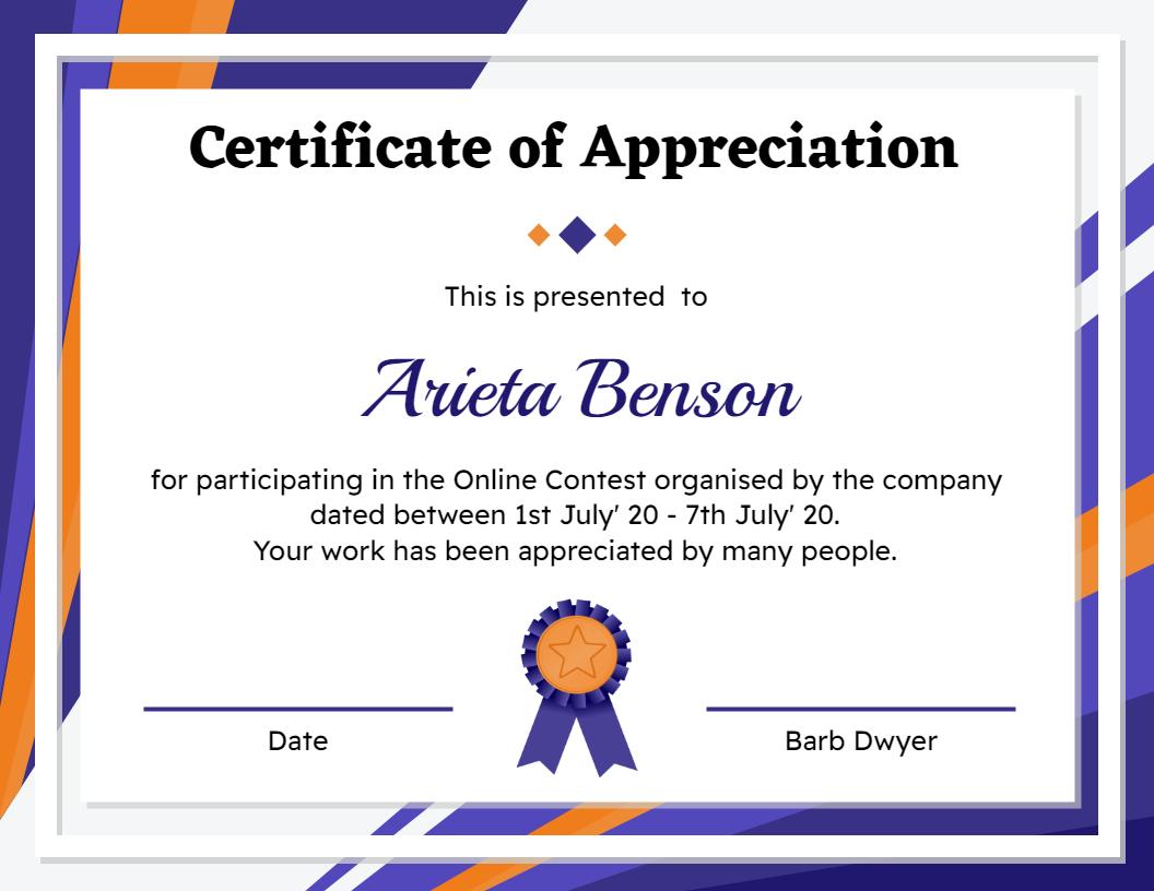Modern Purple and Orange Online Contest Appreciation Certificate Template