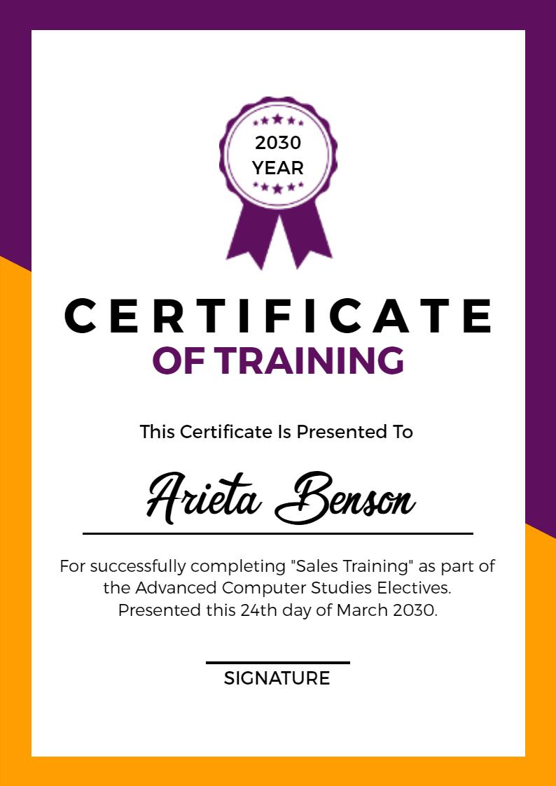 Modern Purple and Yellow Sales Training Certificate Template