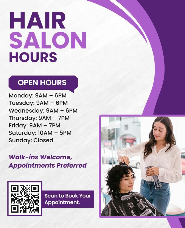 Modern Purple Hair Salon Operating Hours Information Flyer Template