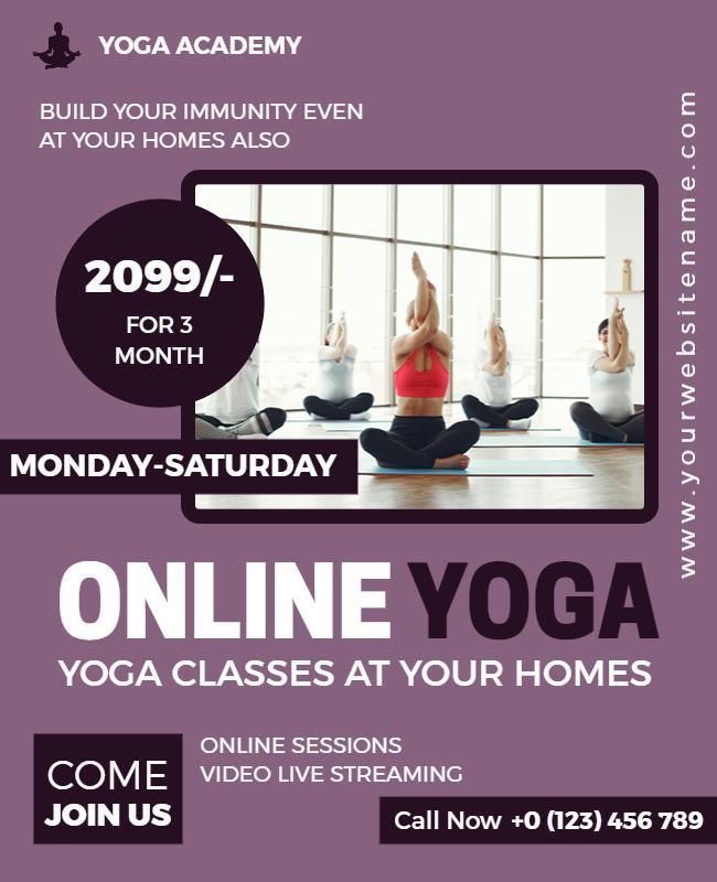 Modern Purple Online Yoga Classes at Your Home Poster Template