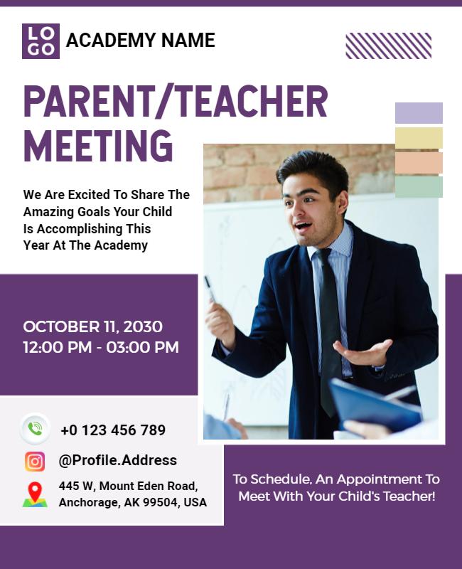 Modern Purple Parent Teacher Meeting Announcement Poster Template