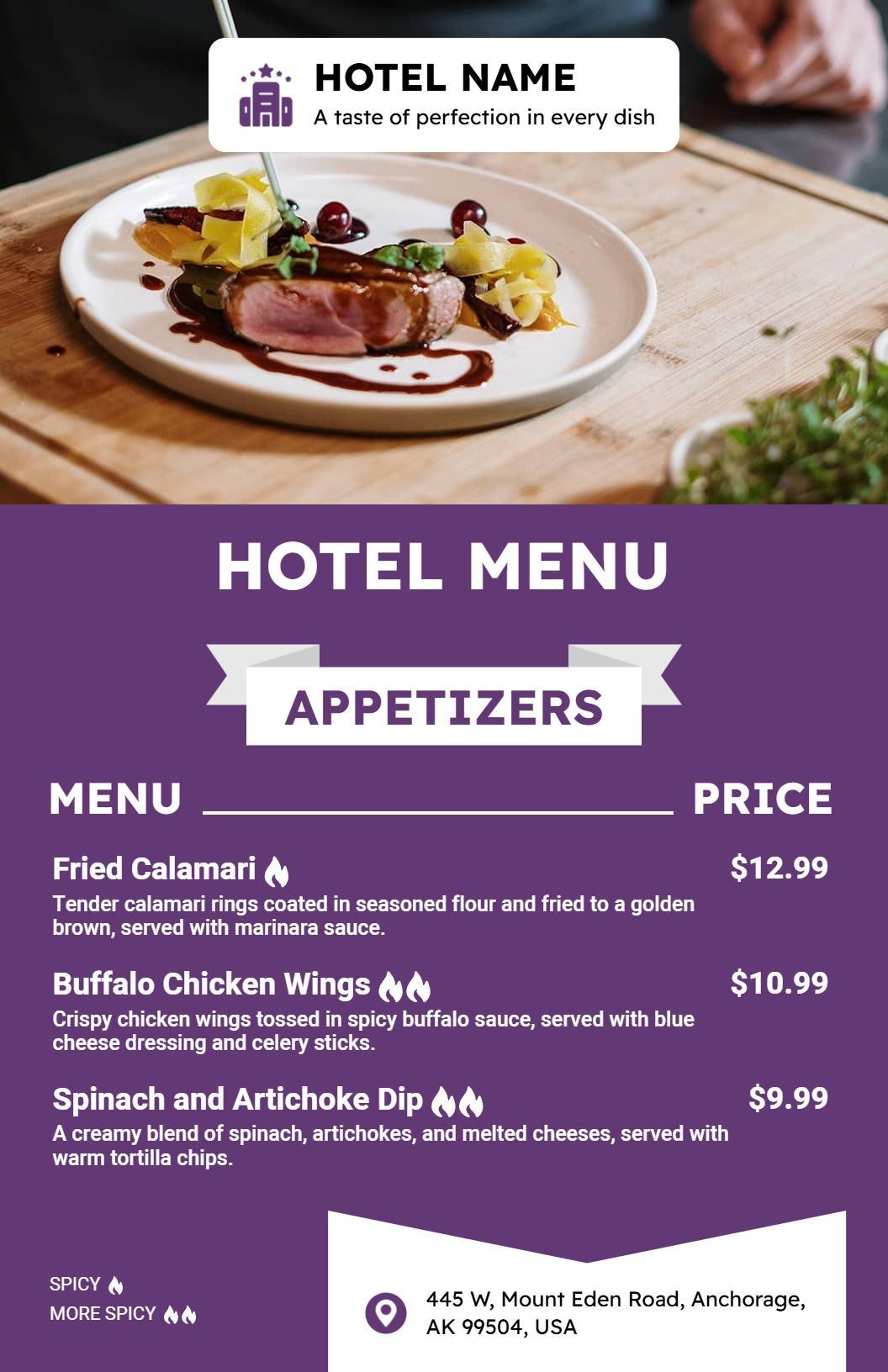 Modern Purple Themed Casual Dining Hotel Menu Template