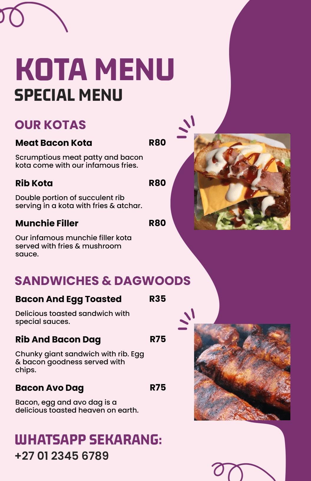 Modern Purple-Themed Special Kota Menu Template