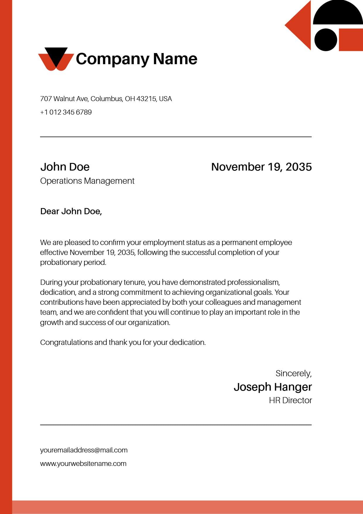 Modern Red and Black Employment Confirmation Letterhead Template