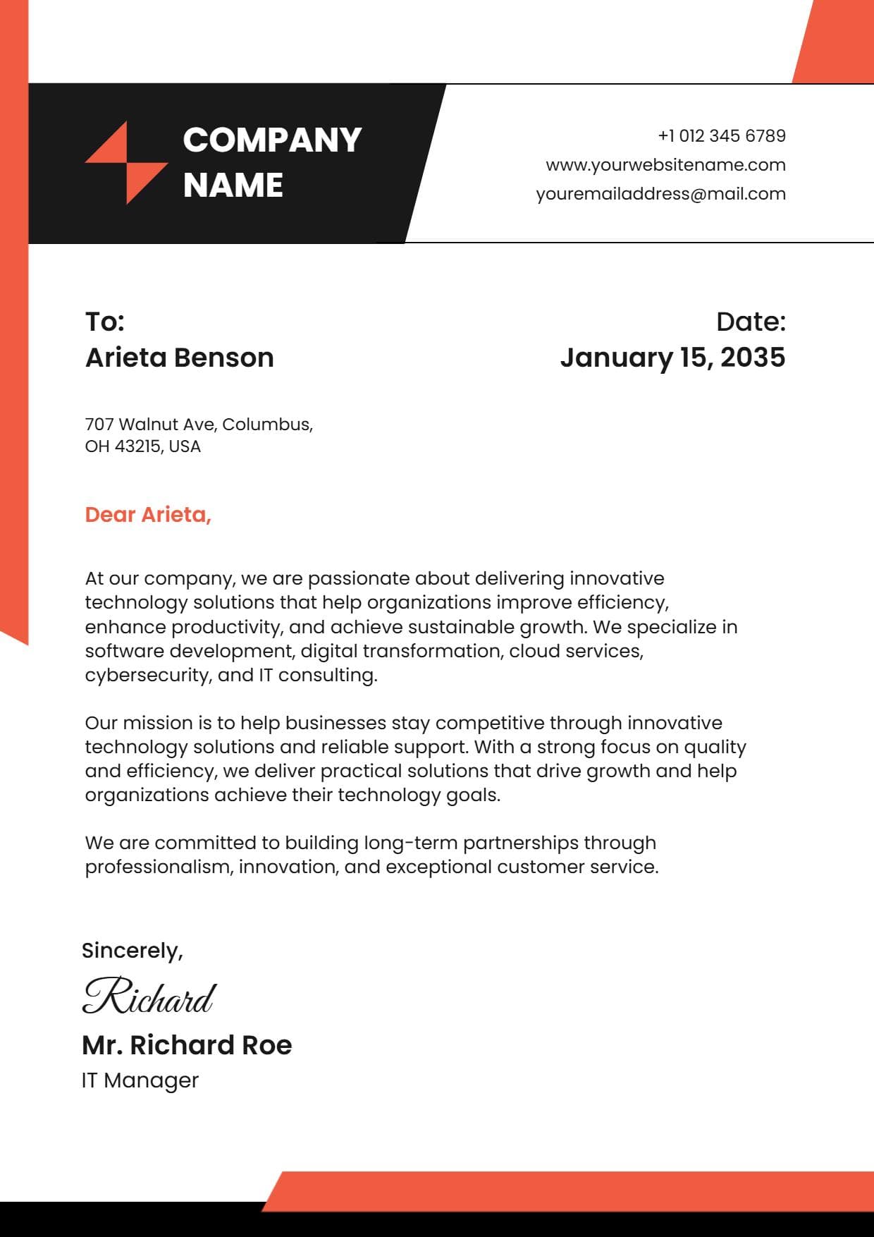 Modern Red and Black Professional Company Letterhead Template