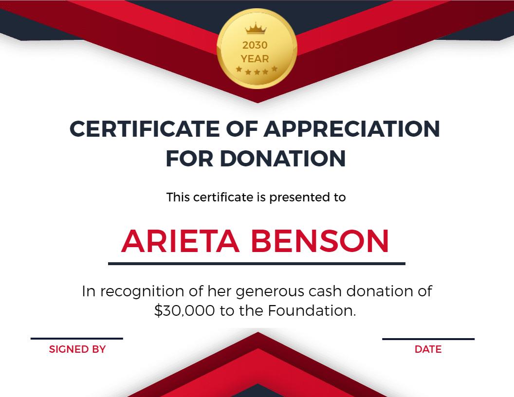 Modern Red and Gold Donation Appreciation Certificate Template