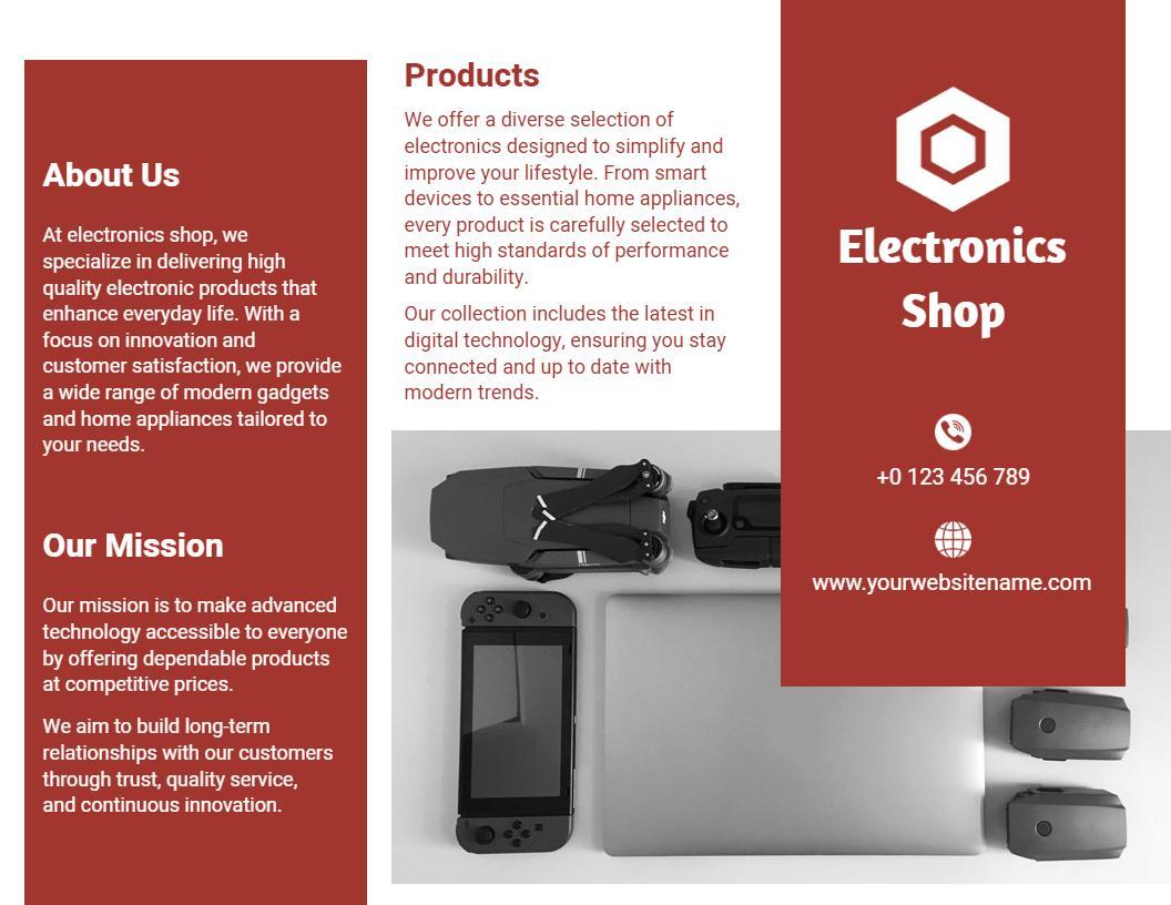 Modern Red Electronics Shop Products and Services Tri Fold Brochure Template
