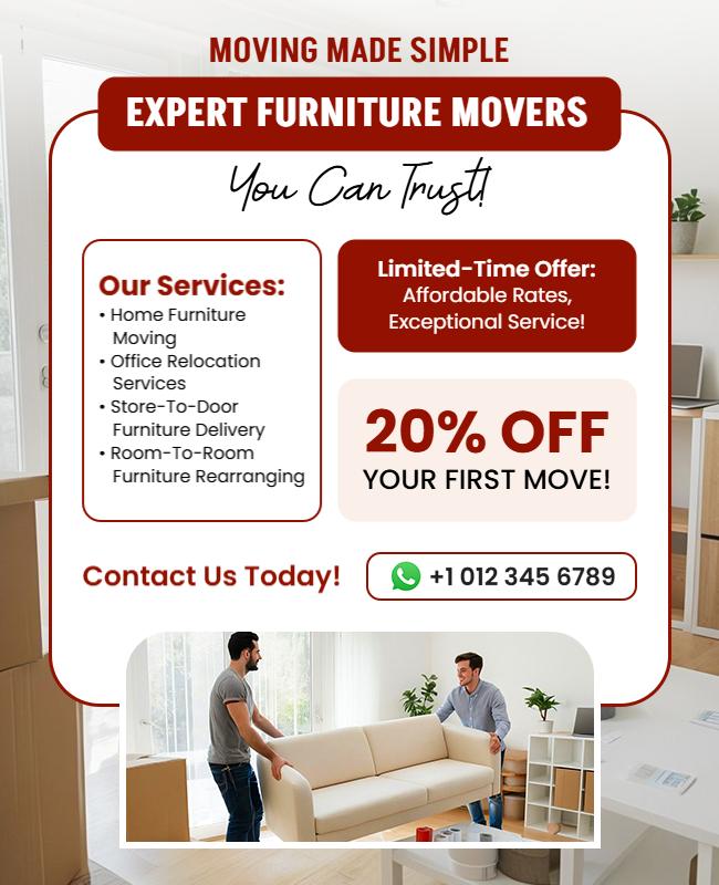 Modern Red Furniture Moving Services Discount Poster Template
