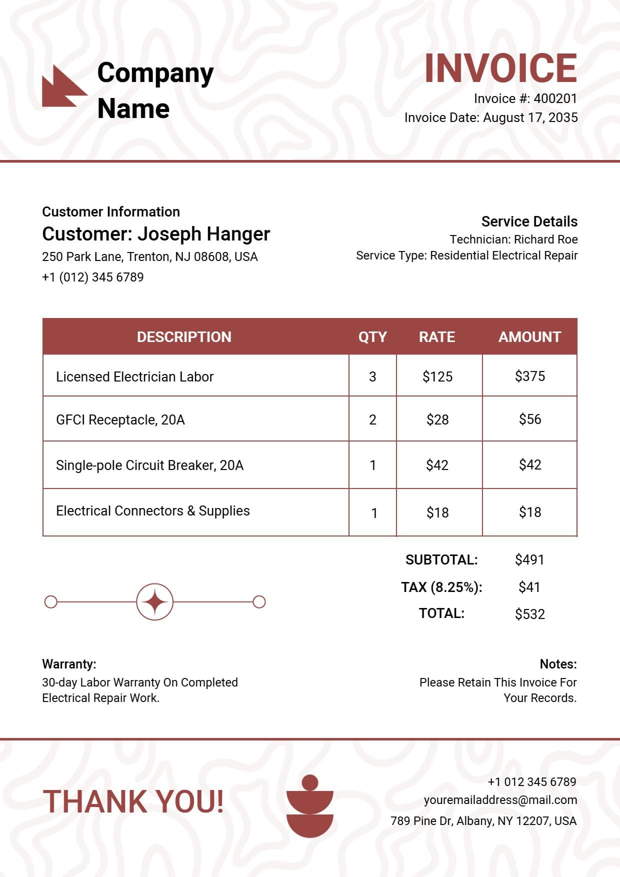 Modern Residential Electrical Repair Company Invoice Template