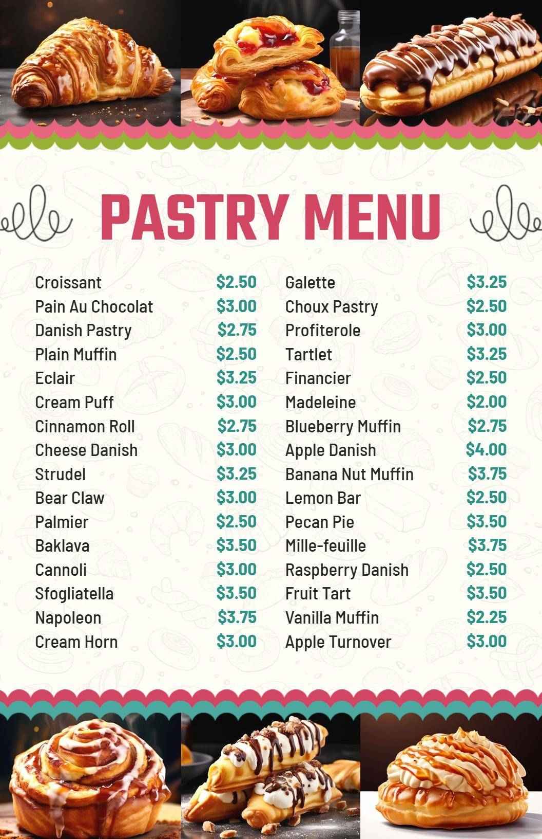 Modern Simple Pricing Pastry Menu Template