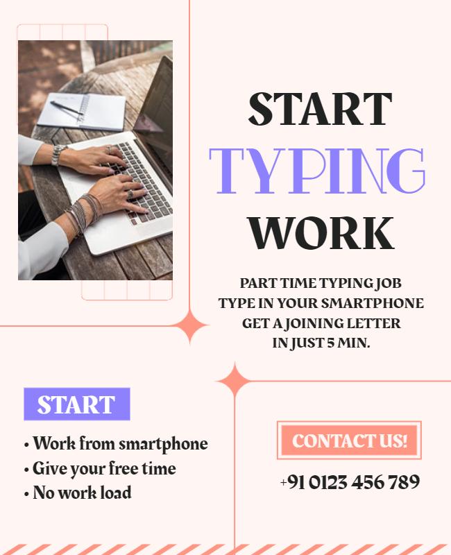 Modern Soft Pink Work-from-Smartphone Typing Job Poster Template