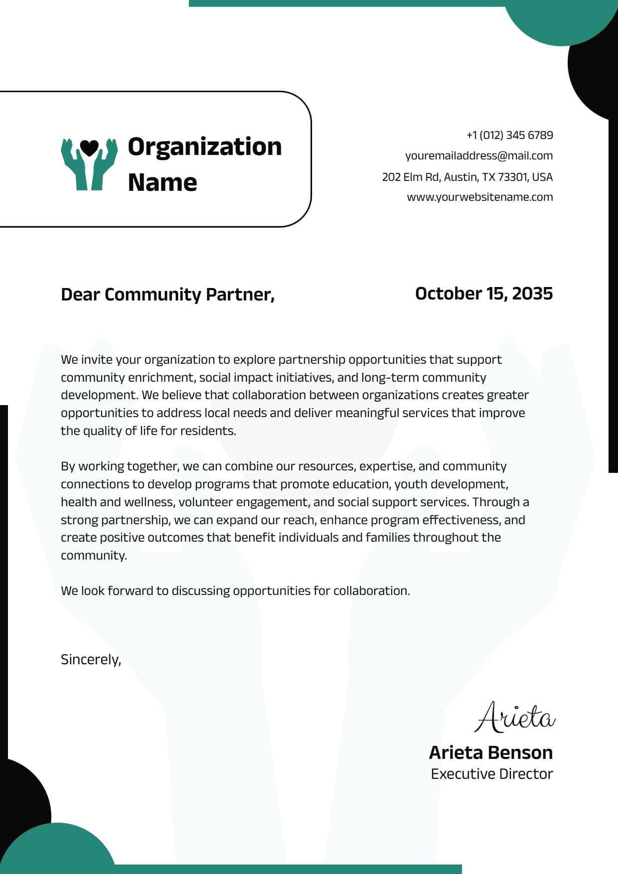 Modern Teal and Black Nonprofit Partnership Letterhead Template