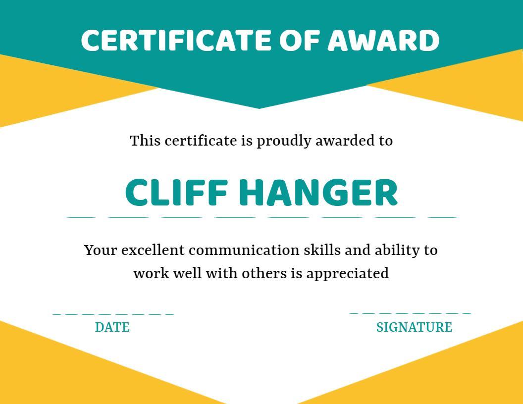 Modern Teal and Yellow Communication Skills Award Certificate Template